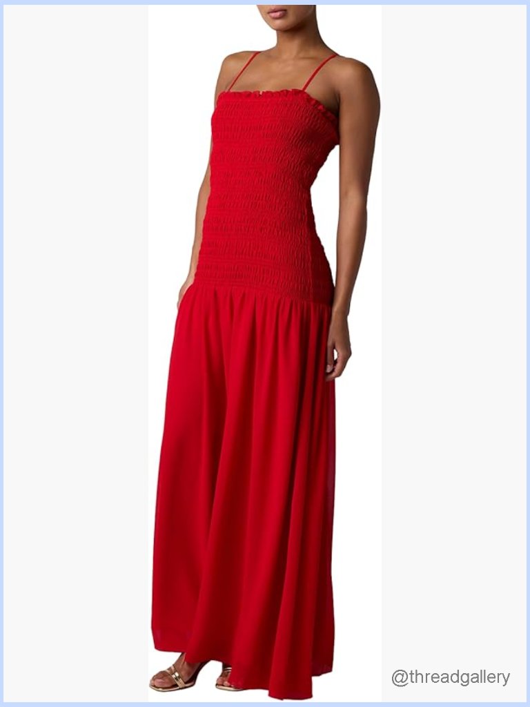 Smocked Bodice Maxi Dress With Drop Waist Adjustable Straps